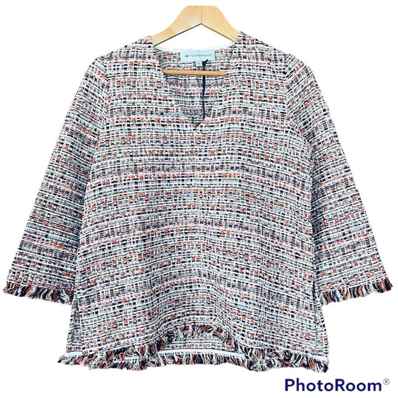 Tuckernuck Belfast Blouse Tweed V-Neck Fringe Trim Relaxed Fit Size XS NEW - Picture 2 of 10